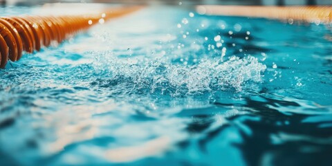 Close-up of water splashing in a swimming pool, capturing the vibrant blue tones and dynamic motion of aquatic enjoyment.