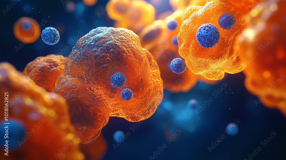 Fototapete 3d rendering of the orange and blue cells in an advanced medical illustration, showing organic struc