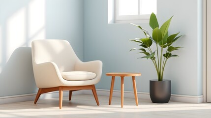 Beige Armchair, Light Blue Wall