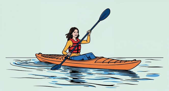 woman kayaking on water, orange kayak clip art preview