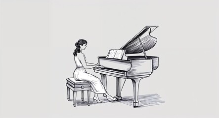 Hand drawing clipart of a woman performing on piano on plain white background