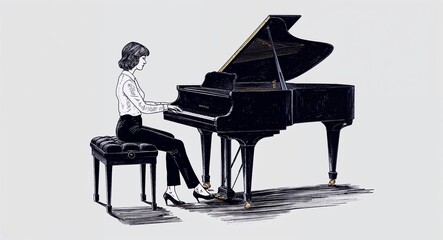 Hand drawing clipart of a woman performing on piano on plain white background