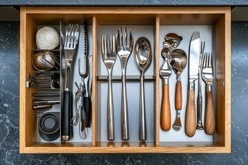 Wooden drawer with organized silverware and kitchen utensils