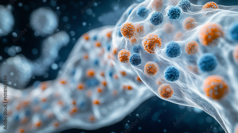 Fototapete a detailed close-up of an airway with tiny orange and blue spheres representing cells, surrounded by