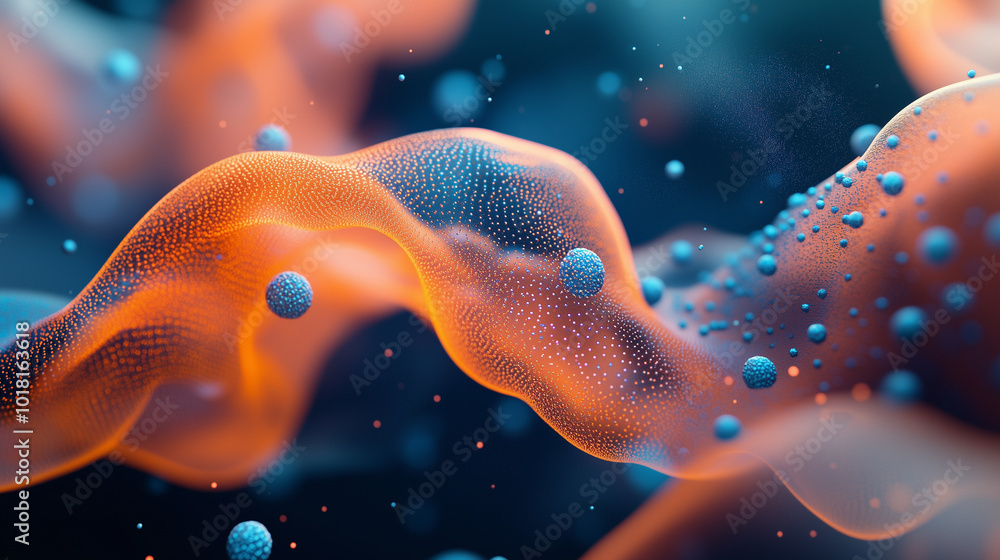 Wall mural  orange and blue cells in an advanced medical illustration, showing organic structures with translucent cells and small spheres on them. The background is dark b