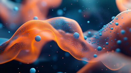  orange and blue cells in an advanced medical illustration, showing organic structures with translucent cells and small spheres on them. The background is dark b