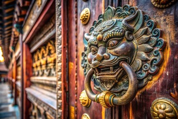 Fototapeta premium Macro Photography of an Intricate Oriental Ancient Architecture Knocker for Cultural Heritage Appreciation