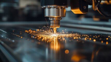 Photo of an industrial laser machine in action, with sparks flying as it engraves on metal material. The focus is on the precision and speed of modern technology for machinery use.