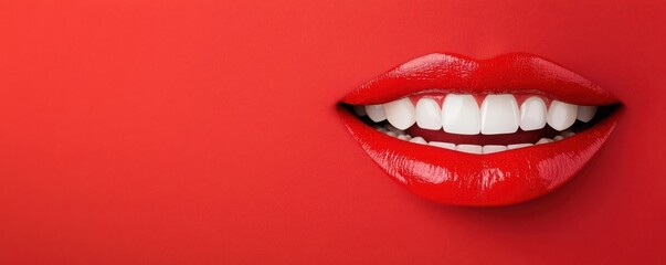 Obraz premium Red lips with sharp white teeth in a close-up shot, framed by a bright red background, offering a bold and striking visual in pop-art style
