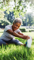 aged Black woman stretching outdoors, focused on fitness and wellness.