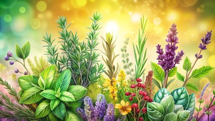 Fototapeta premium Explore a delightful assortment of colorful hand-drawn herb sketches, tailored for botanical lovers who appreciate artistic interpretations of