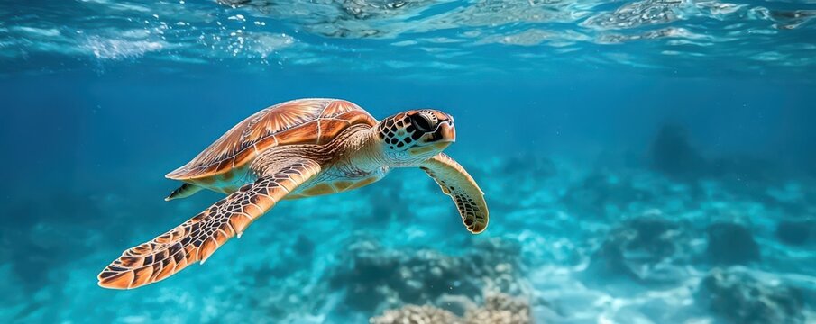 Underwater scene with a sea turtle swimming in clear blue waters, emphasizing the beauty of marine life and the peacefulness of the ocean