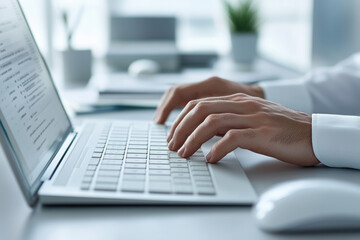 Jittery hands while typing an urgent email, Close-up of hands typing on a laptop keyboard. Ideal for business, technology, and productivity themes.