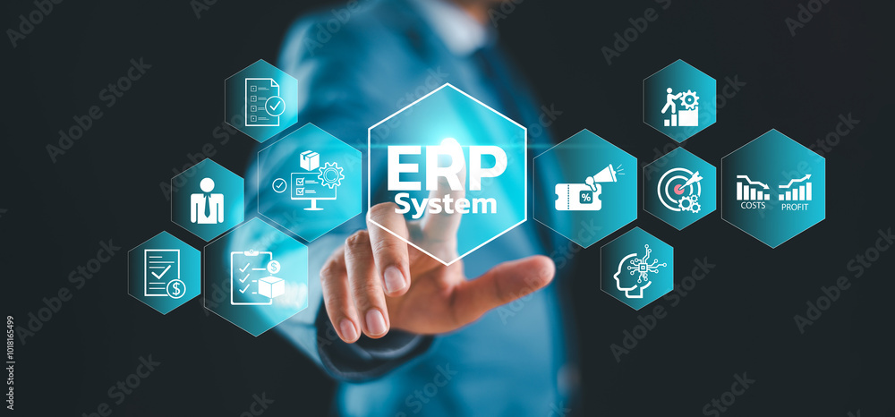 Poster erp software system for business planning concept. enterprise accounting resource network solution. 