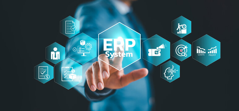 ERP software system for business planning concept.  Enterprise accounting resource network solution. Business people use smartphone with ERP data icon to analyze marketing sale technology in office - Powered by Adobe