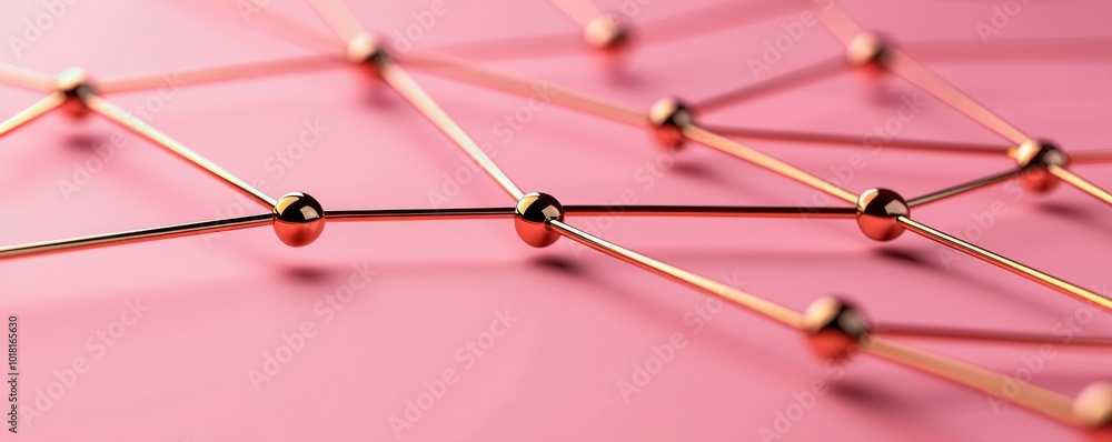Poster abstract connection structure with gold lines on a pink background.