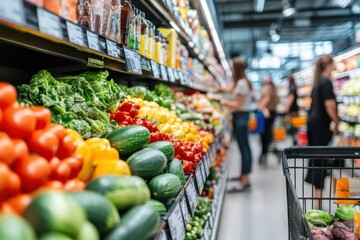 A bustling supermarket aisle filled with colorful fresh produce, shelves stocked with fruits, vegetables, and organic products, as shoppers push carts and inspect items in a clean, well-organized envi