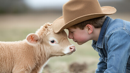 Close-up of a farmer rubbing noses with a gentle calf, sharing a sweet moment