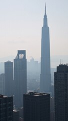 Fototapeta premium Urban landscape featuring iconic skyscrapers rising through a polluted haze symbolizing air quality issues