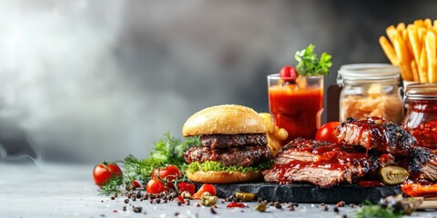 Deliciously prepared burger with fries, ribs, and refreshing beverage, perfect for food enthusiasts and barbecue lovers.