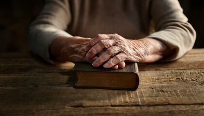 Two hands, trembling with age, clasp a family Bible on a worn kitchen table.