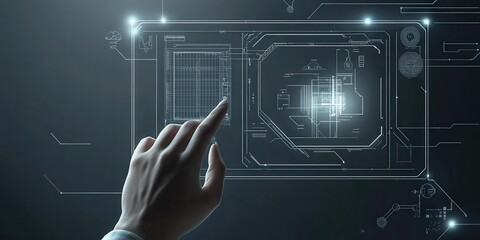 Futuristic hand interacting with a digital interface, showcasing advanced technology and innovation in a high-tech environment.