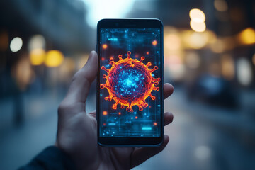 Hand holding a smartphone with a digital illustration of a virus cell on the screen, a real photograph.