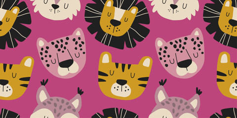 Seamless pattern with tiger, lion, leopard and lynx. Hand drawn feline animals design for children's textiles, clothing, notebook covers and wrapping paper. © Anna Yakushenko