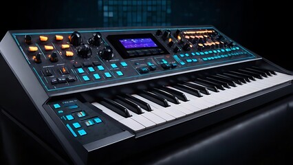A futuristic digital synthesizer with LED-lit buttons and sliders, designed for creating electronic music. Bright display and cutting-edge sound design tools.