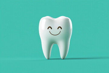 A realistic illustration of a white tooth with a smiling face drawn on it, set against a solid teal background.
