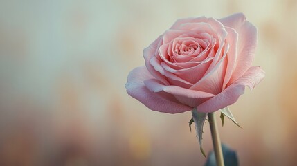 Soft pink rose with dew drops in serene natural garden setting at morning light