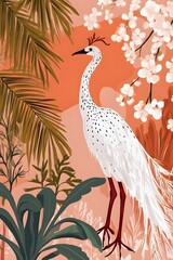 Elegant White Bird in a Tropical Garden with Pink Background