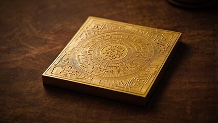 Fototapeta premium A gold-plated Vastu Yantra, etched with sacred geometric patterns, used for attracting wealth, prosperity, and success. Perfect for placing in homes, offices, or temples.
