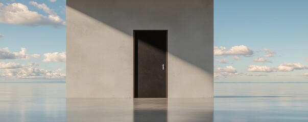 Modern door against a minimalist background with clouds and reflections.