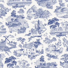 Seamless pattern. Woodland. Toile inspired. Vector vintage illustration. Blue and white. 
