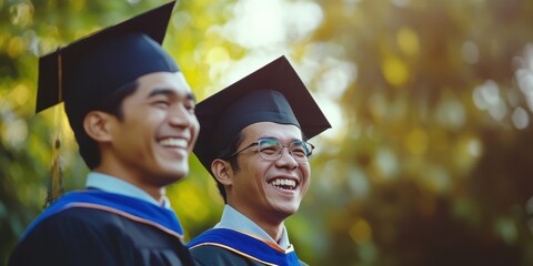 Two joyful graduates celebrating their achievements outdoors, wearing caps and gowns, symbolizing success and new beginnings.