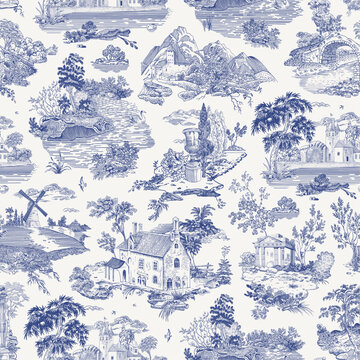 Seamless pattern. Woodland. Toile inspired. Vector vintage illustration. Blue and white. 