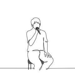 man sitting on chair speaking or singing into microphone - one line art vector. concept singer singing live, stand-up