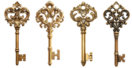 ornate vintage keys with intricate designs and shiny gold finish transparent background