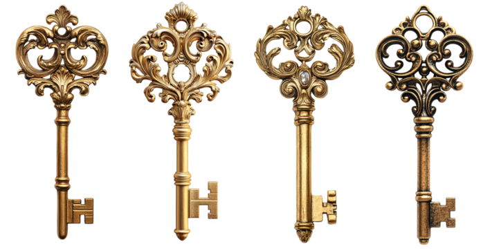 ornate vintage keys with intricate designs and shiny gold finish transparent background
