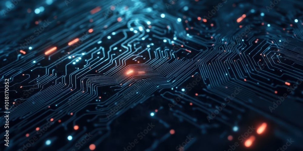 Poster a close-up view of a glowing circuit board showcasing intricate patterns and vibrant blue lights, pe