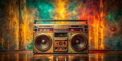 A vintage boombox stands against a vibrant backdrop of painted metal, capturing the essence of retro style with its worn casing and iconic design.