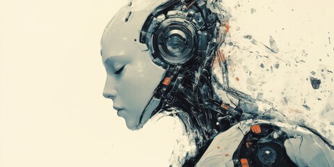 Obraz premium A futuristic robotic figure with intricate design and headphones, portraying a blend of technology and human-like features.