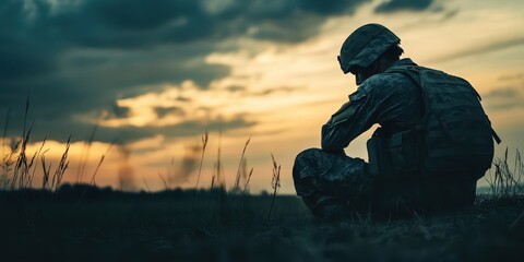 Fototapeta premium A lone soldier sitting in contemplation against a dramatic sunset backdrop, capturing the essence of resilience and solitude.