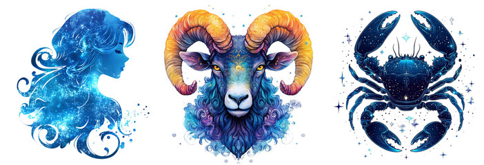 colorful zodiac signs illustration featuring a woman ram and crab transparent background
