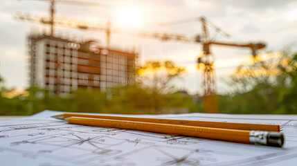Construction office featuring drawings on the table and windows that overlook the construction site