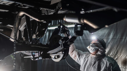 The master sprays an anti-corrosion compound on the bottom of the car. 
