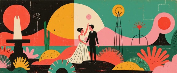 Fototapeta premium A vibrant, stylized illustration of a bride and groom standing in a desert landscape, with a large sun in the background and colorful geometric shapes surrounding them.