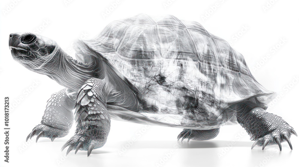 Poster a stylized, monochromatic turtle with a textured shell.