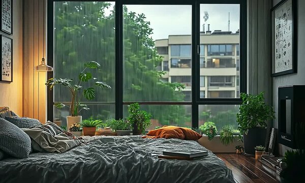 Cozy Rainy Day Indoors: Snug Apartment Bedroom with Large Window Overlooking the Drizzle